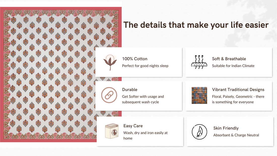 Pink Paisley Hand Block Printed Cotton King Bedsheet Set | 90×108 | 240 TC