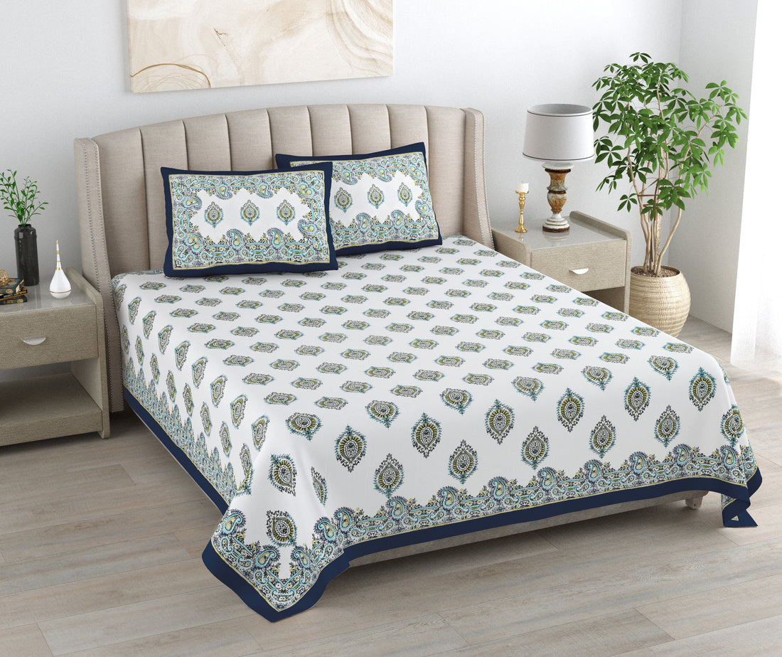 Syahi Paisley Hand Block Printed Cotton King Bedsheet Set