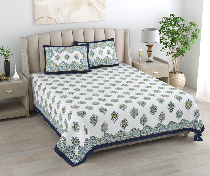 Syahi Paisley Hand Block Printed Cotton King Bedsheet Set