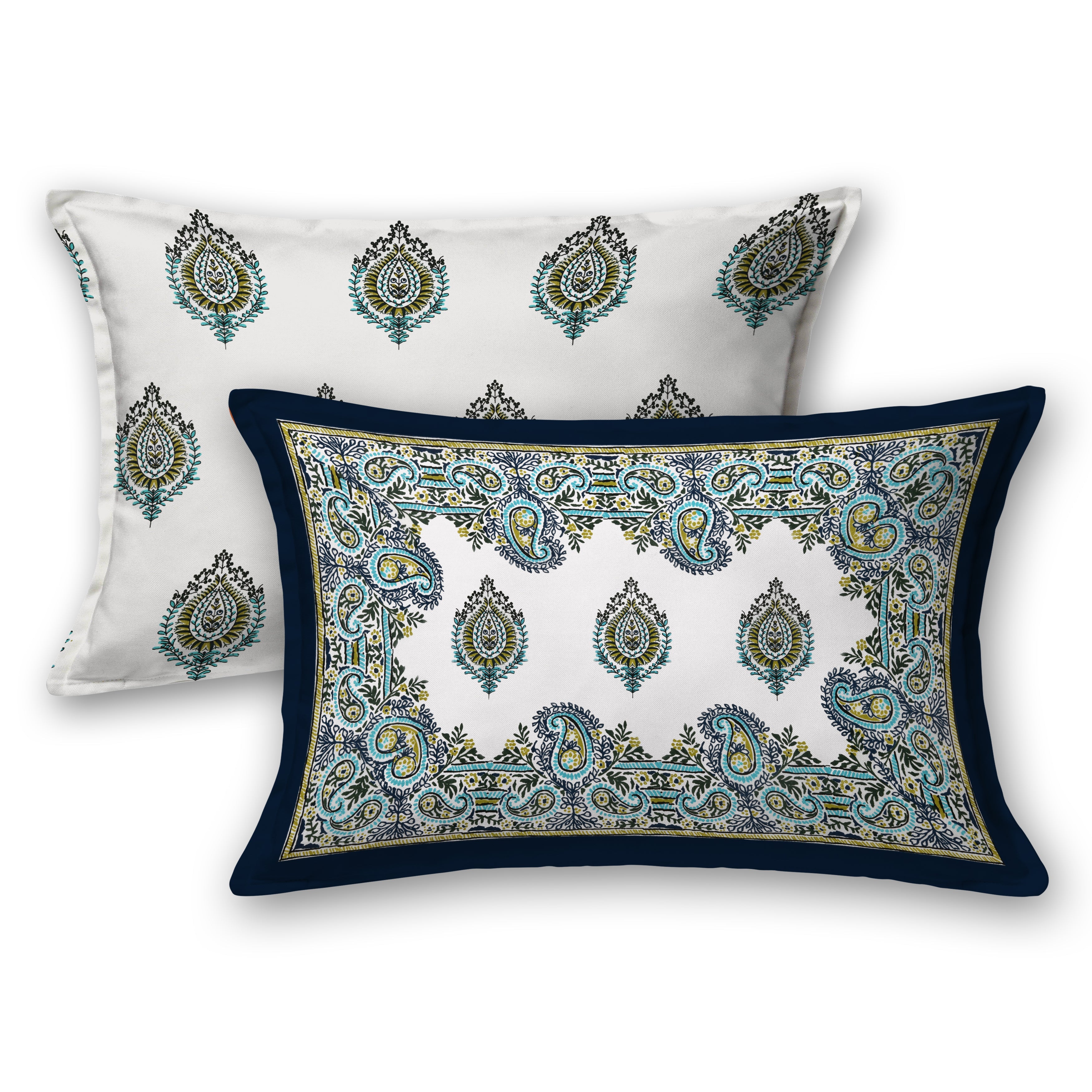 Syahi Paisley Hand Block Printed Cotton King Bedsheet Set | 90×108 | 240 TC
