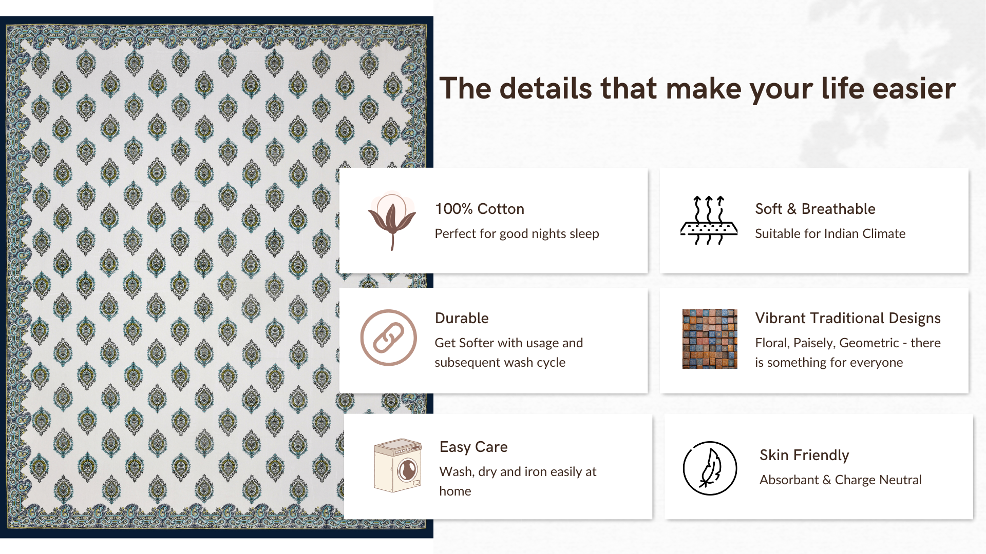 Syahi Paisley Hand Block Printed Cotton King Bedsheet Set | 90×108 | 240 TC
