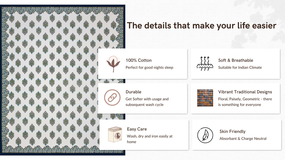 Syahi Paisley Hand Block Printed Cotton King Bedsheet Set | 90×108 | 240 TC