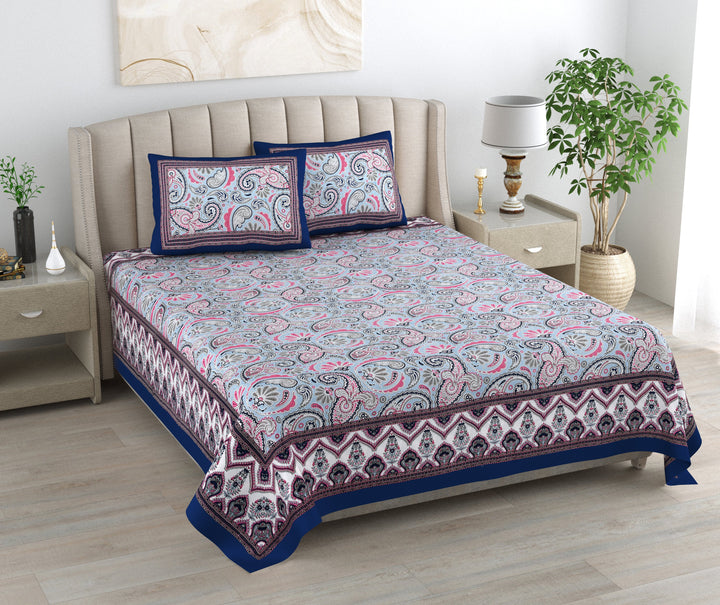 Blue Floral Motifs Hand Block Printed Cotton King Bedsheet Set