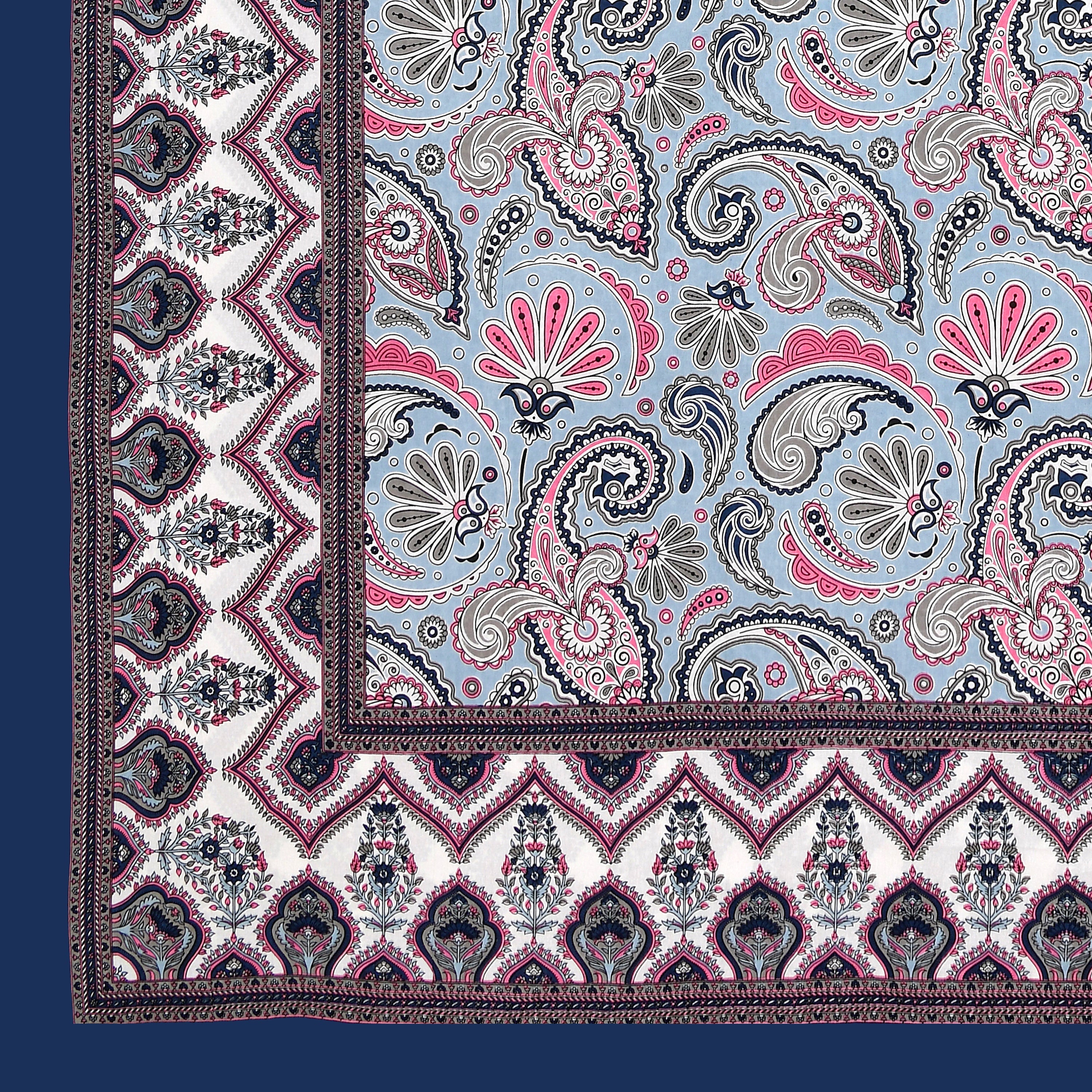 Blue Floral Motifs Hand Block Printed Cotton King Bedsheet Set | 90×108 | 240 TC