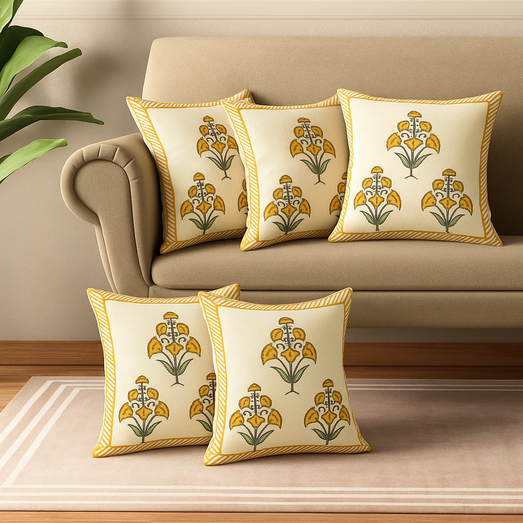Marigold Bloom yellow hand block printed cotton cushion covers 16x16 inches pack of 5