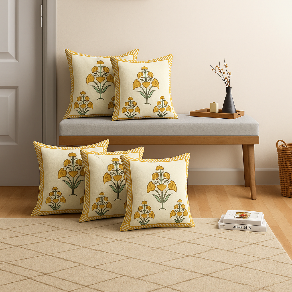 Marigold Bloom Cushion Covers 16×16 Inches – Pack of 5 | Jaipuri Hand Block Print Cotton Pillow Covers | Soft 300 TC Decorative Throw Cushion Cover Set