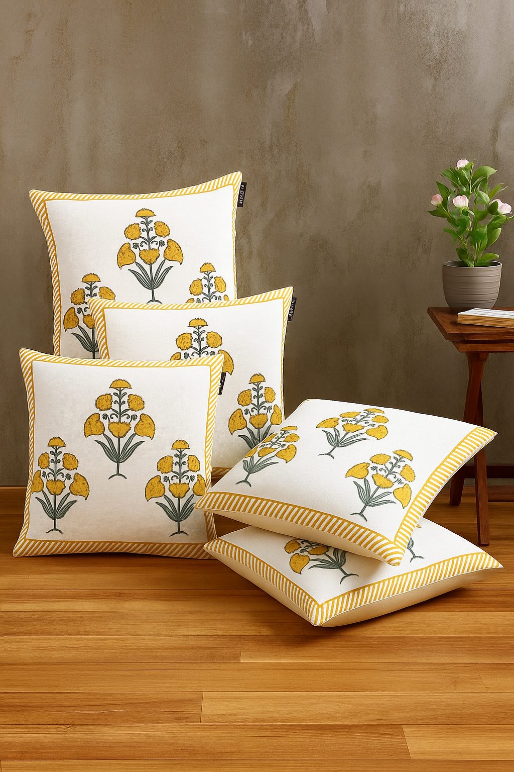 Marigold Bloom Cushion Covers 16×16 Inches – Pack of 5 | Jaipuri Hand Block Print Cotton Pillow Covers | Soft 300 TC Decorative Throw Cushion Cover Set