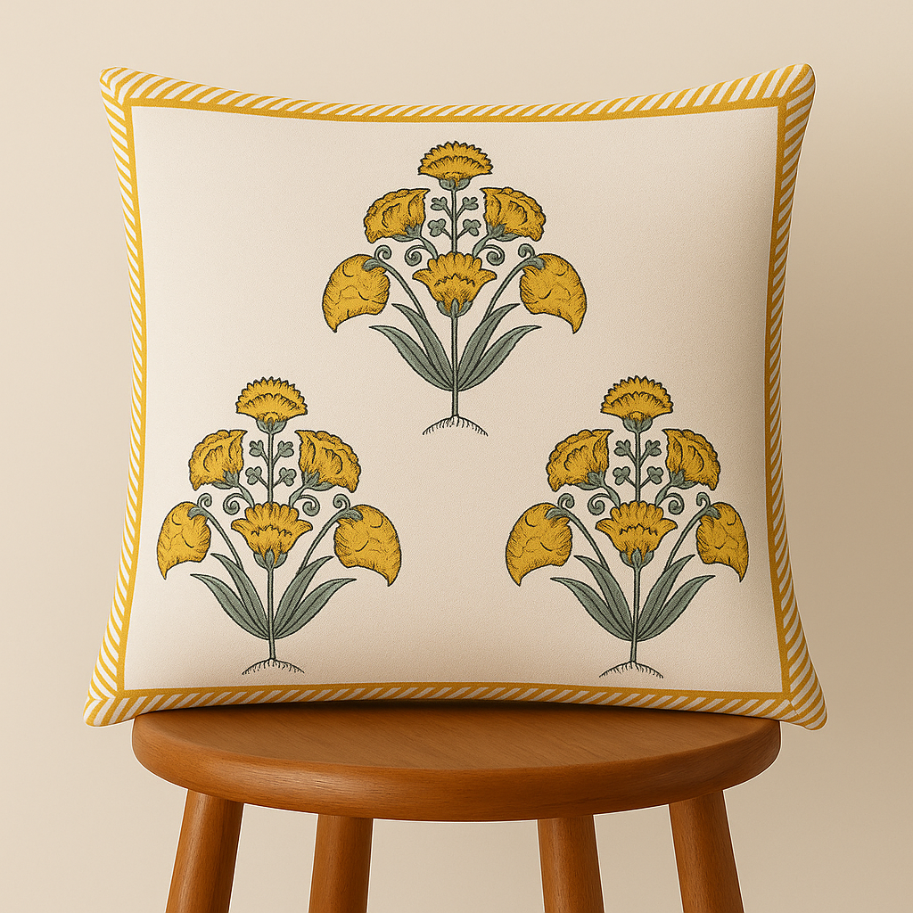 Marigold Bloom Cushion Covers 16×16 Inches – Pack of 5 | Jaipuri Hand Block Print Cotton Pillow Covers | Soft 300 TC Decorative Throw Cushion Cover Set