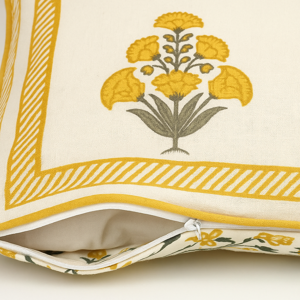 Marigold Bloom Cushion Covers 16×16 Inches – Pack of 5 | Jaipuri Hand Block Print Cotton Pillow Covers | Soft 300 TC Decorative Throw Cushion Cover Set