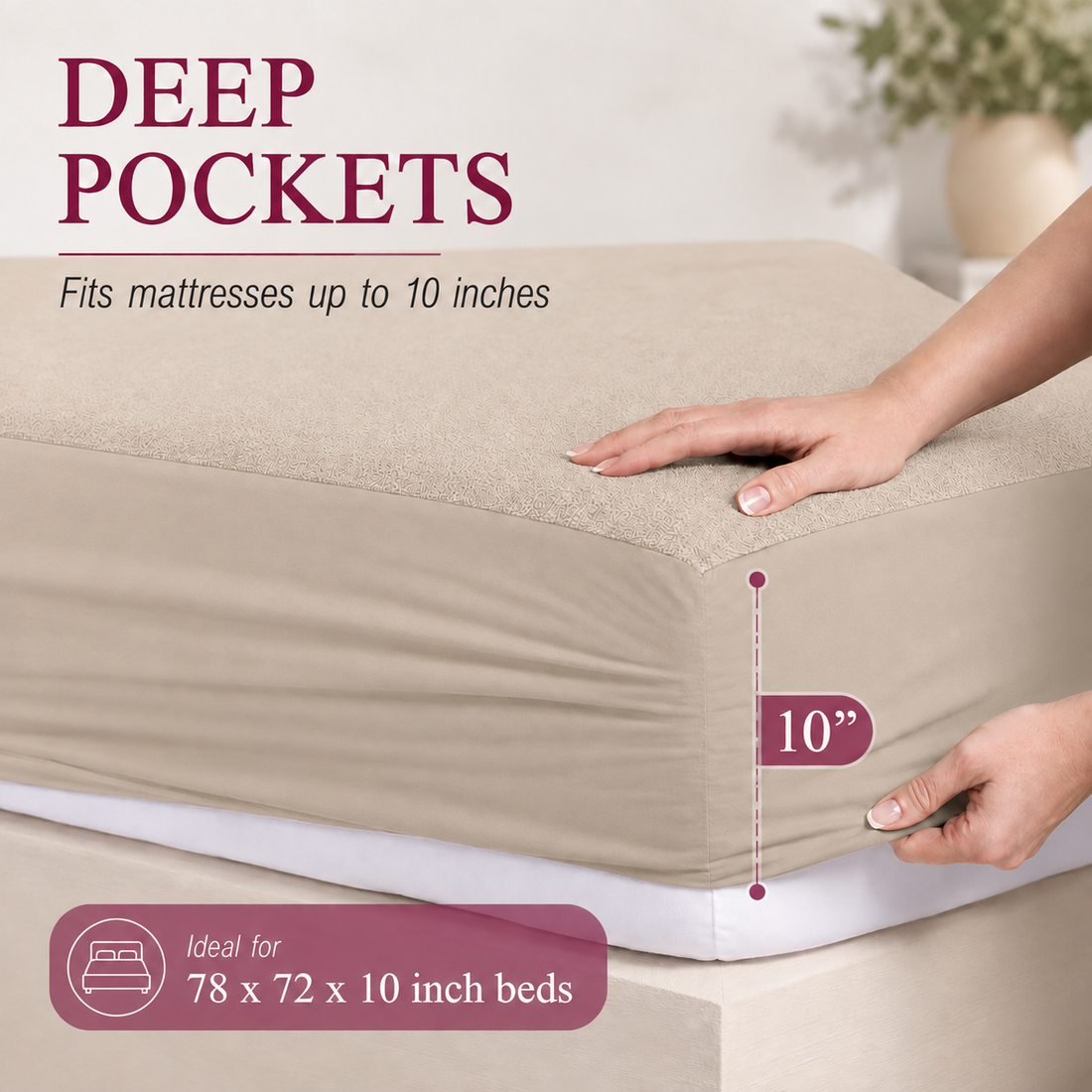 Water Proof Terry Cotton Feel Mattress Protector | Natural Beige | Machine Washable | Super Soft | Fits Mattress Upto 10 inches
