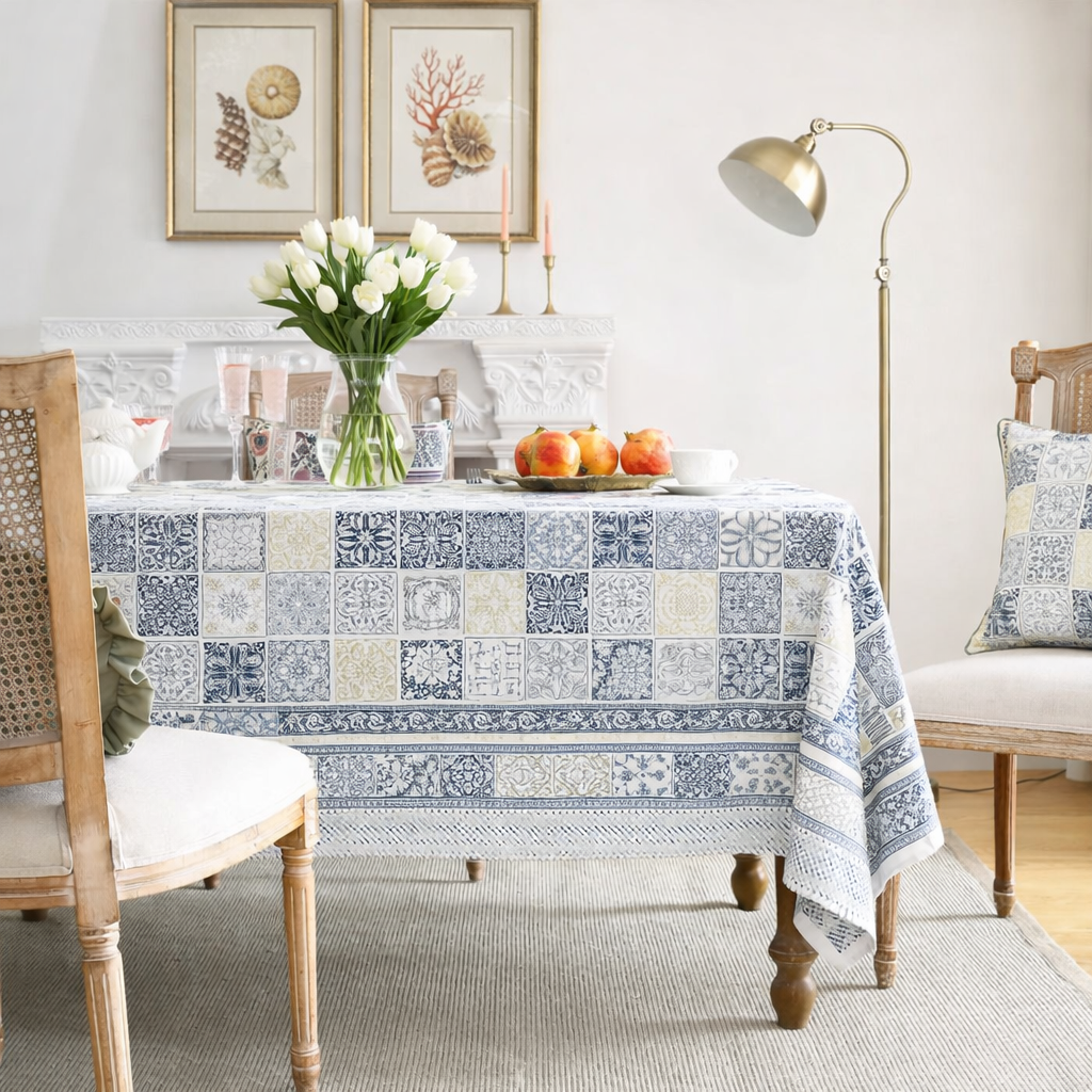 Navy Grid Hand Block Printed Cotton Table Cover I 6 Seater