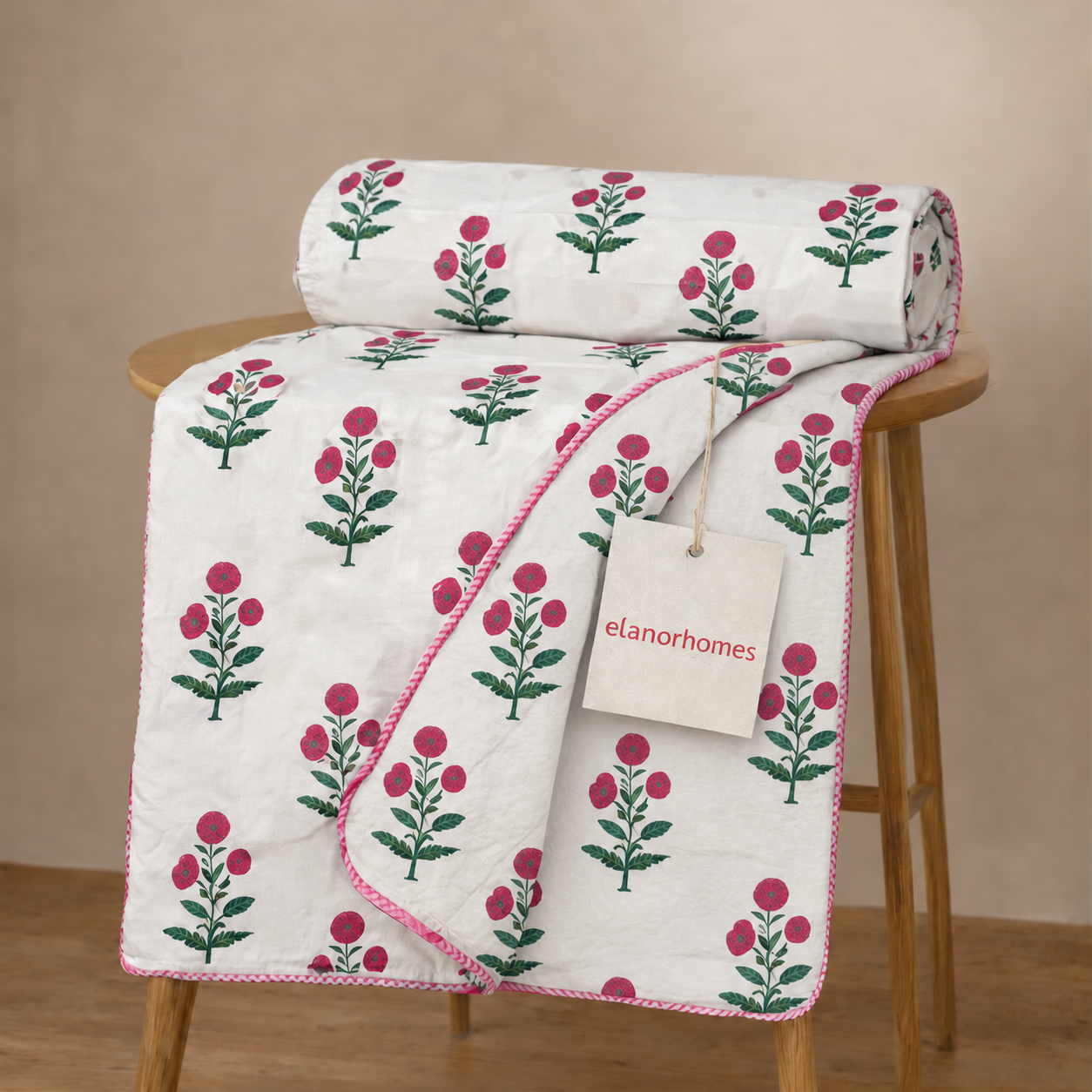 Hand Block Printed Rose Flora Cotton Dohar | 60x90 Lightweight Quilt