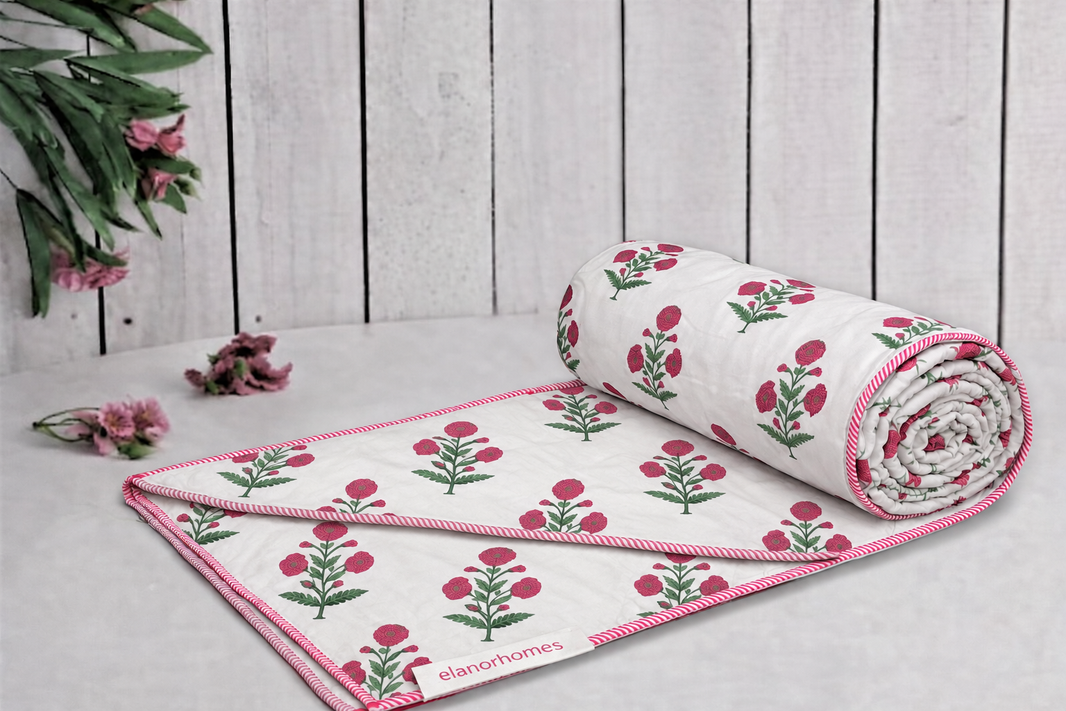 Hand Block Printed Rose Flora Cotton Dohar | 60x90 Lightweight Quilt