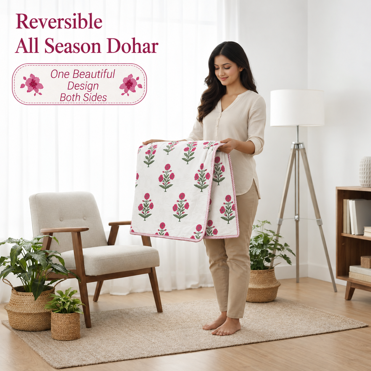 Hand Block Printed Rose Flora Cotton Dohar | 60x90 Lightweight Quilt