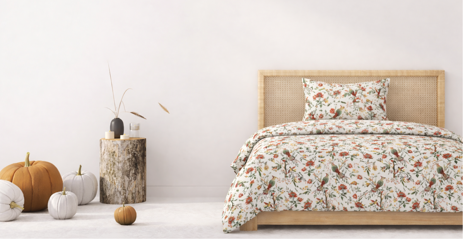 Bed with floral bedding and pumpkins on a white floor against a white wall