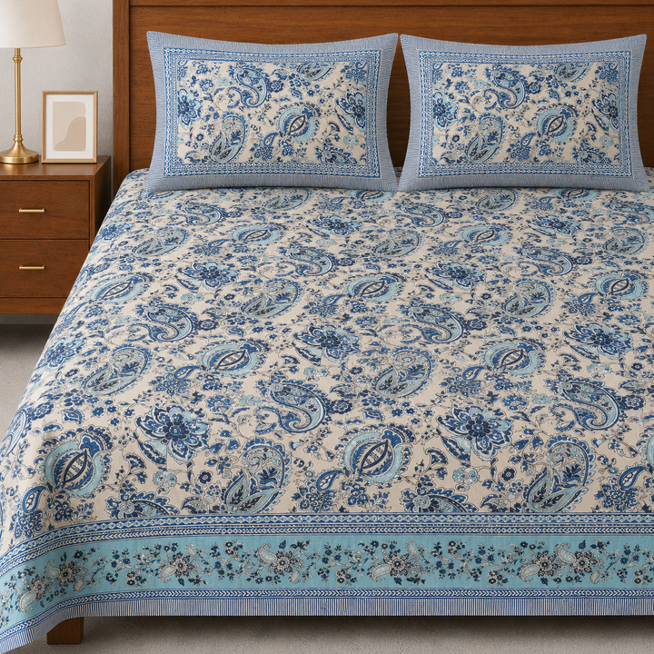 Silver Breeze Hand Block Printed Cotton King Bedsheet Set | 90×108 | 240 TC