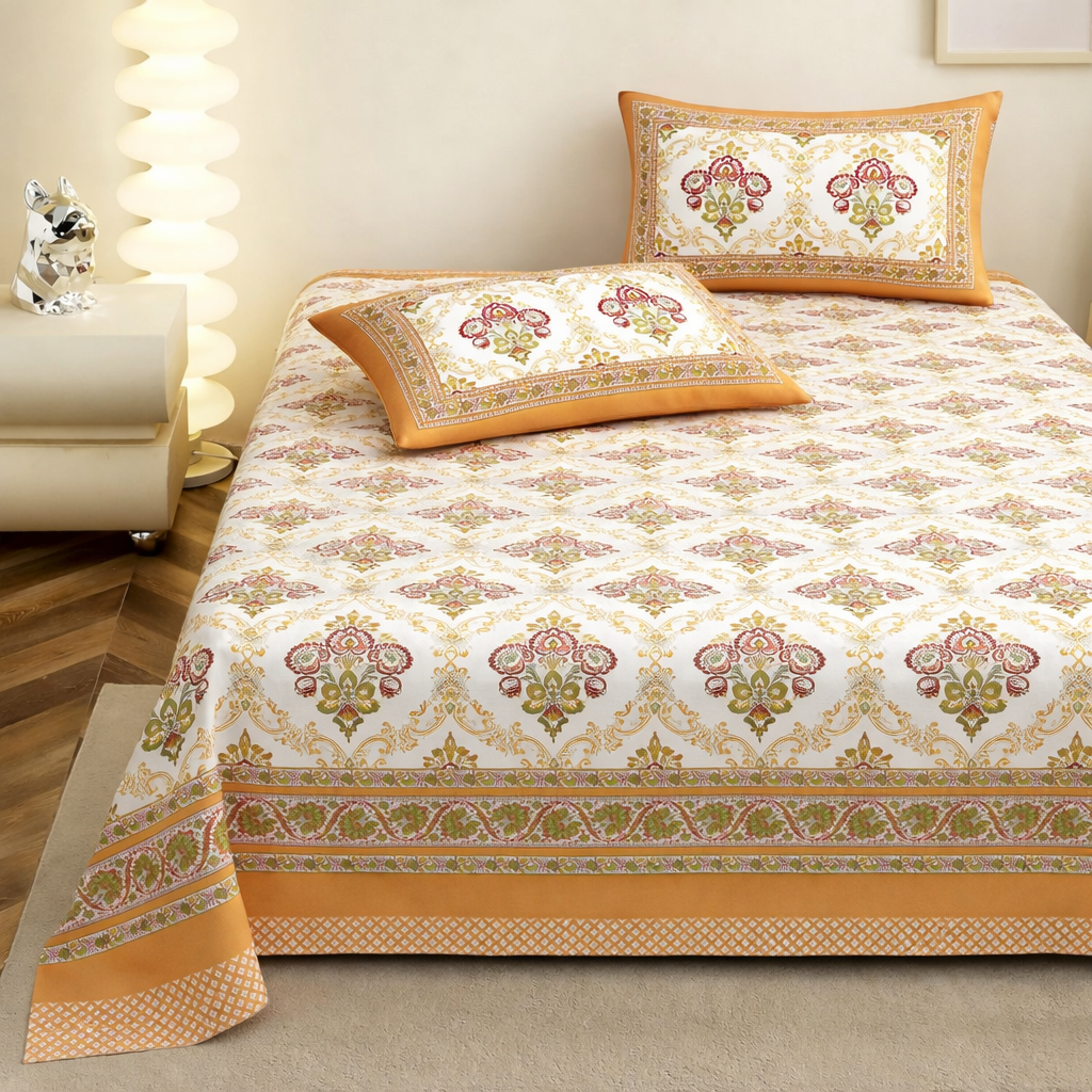 Saffron Pink Hand Block Printed Cotton King Bedsheet Set | 90×108 | 240 TC