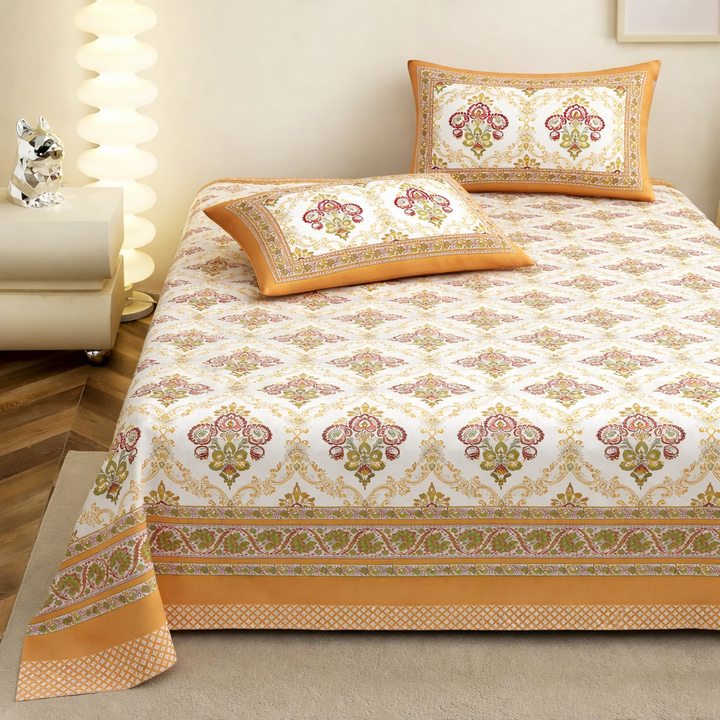 Saffron Pink Hand Block Printed Cotton King Bedsheet Set | 90×108 | 240 TC