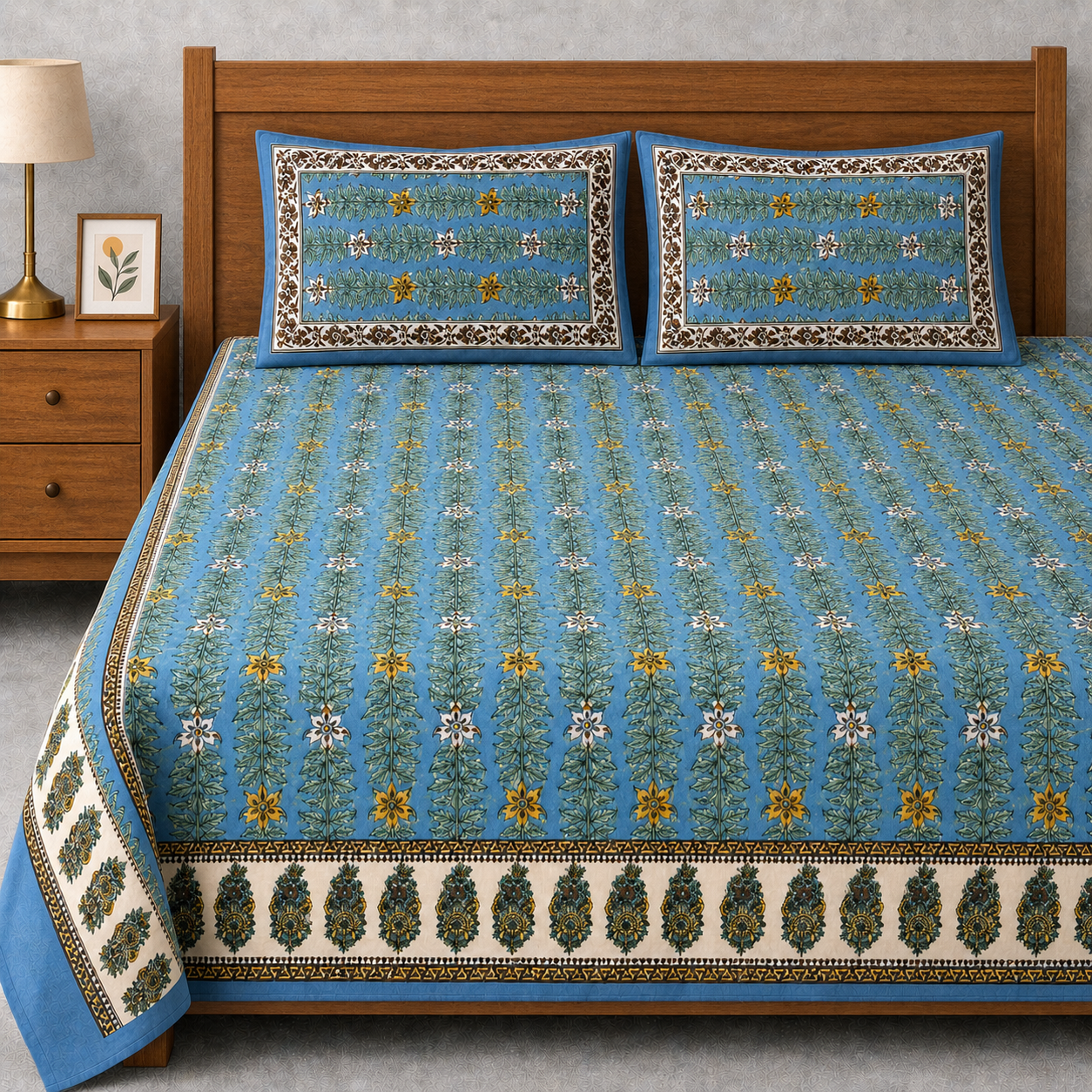 Meena Royale Hand Block Printed Cotton King Bedsheet Set | 90x108 | 240 TC