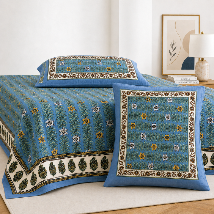 Meena Royale Hand Block Printed Cotton King Bedsheet Set | 90x108 | 240 TC