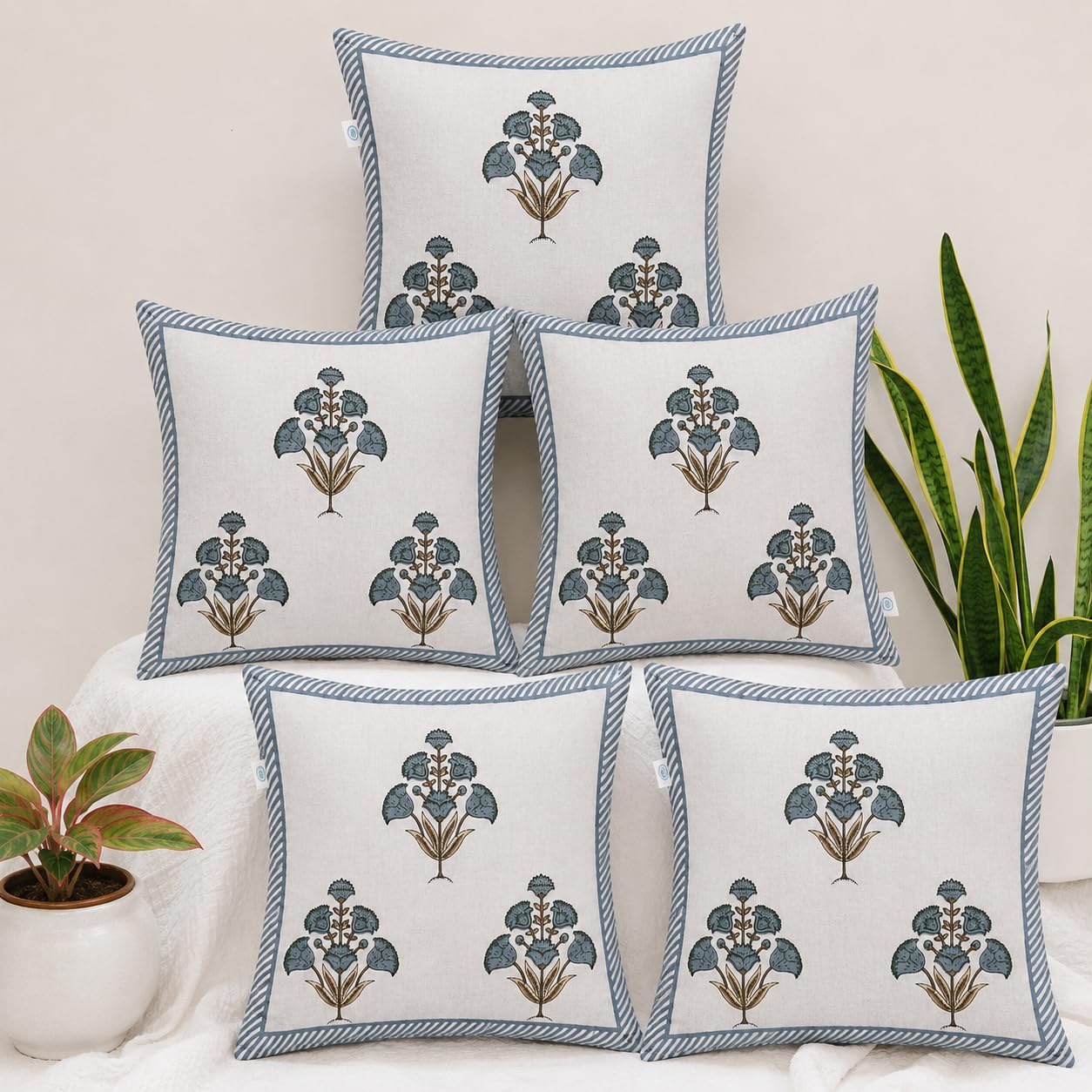 Daisy Bloom yellow hand block printed cotton cushion covers 16x16 inches pack of 5