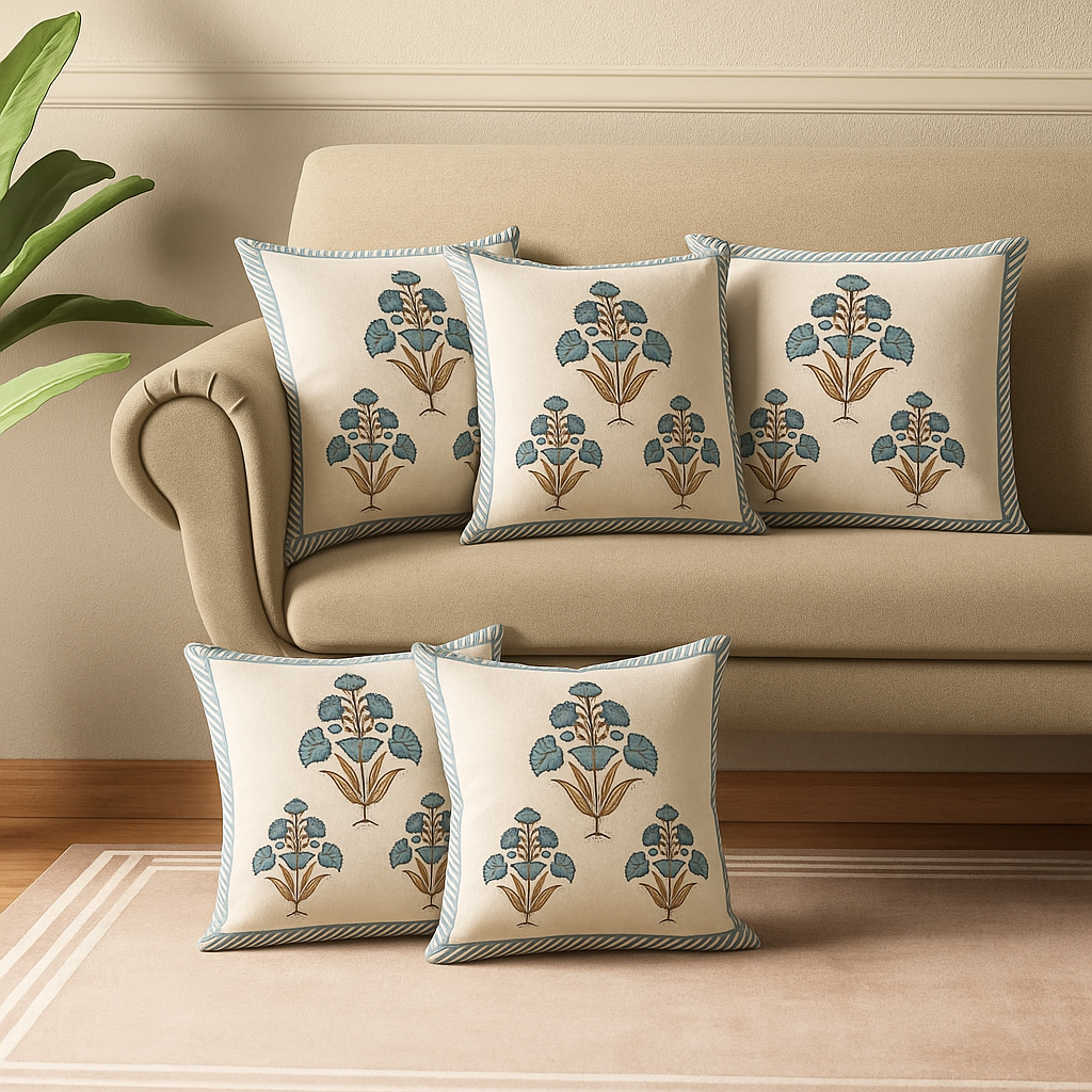 Daisy Bloom Cushion Covers 16x16 Inches Pack of 5 | Jaipuri Hand Block Print Cotton Pillow Covers | Soft 300 TC Decorative Throw Cushion Cover Set