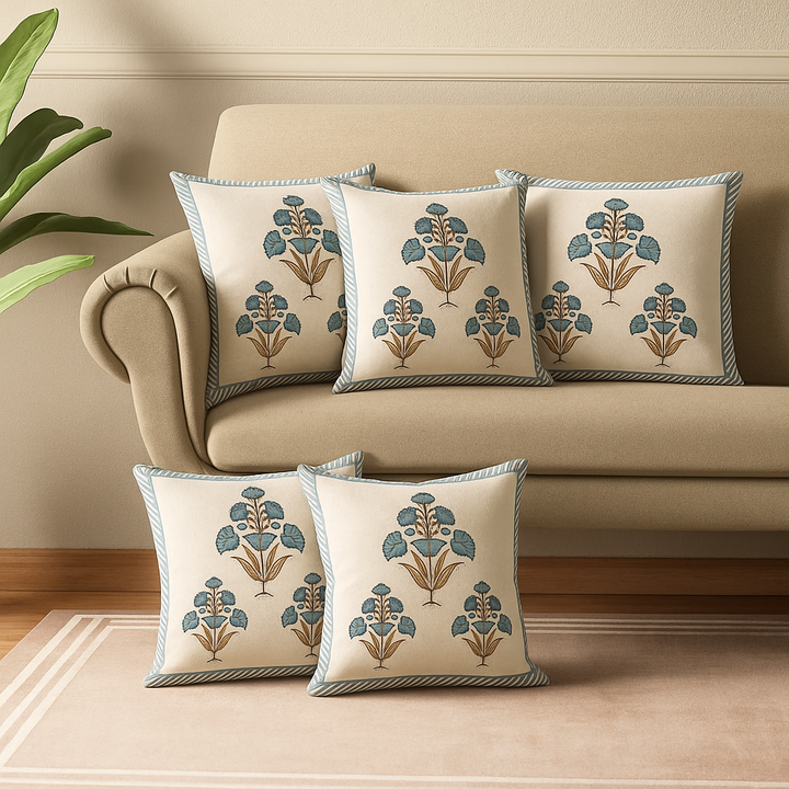 Daisy Bloom Cushion Covers 16x16 Inches Pack of 5 | Jaipuri Hand Block Print Cotton Pillow Covers | Soft 300 TC Decorative Throw Cushion Cover Set