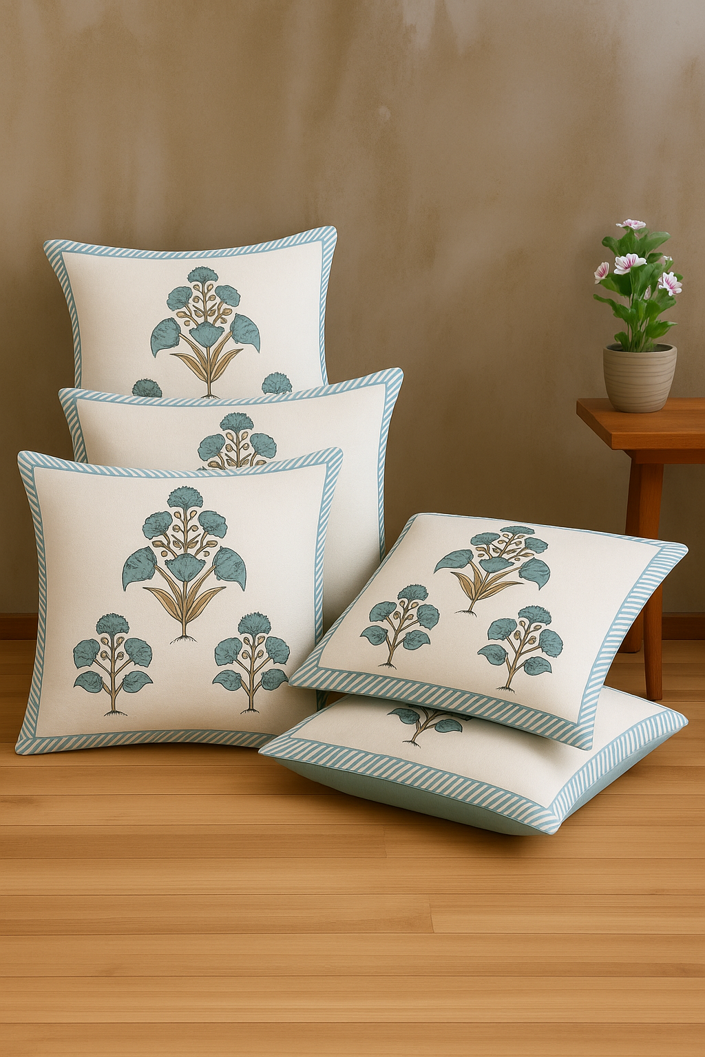 Daisy Bloom Cushion Covers 16x16 Inches Pack of 5 | Jaipuri Hand Block Print Cotton Pillow Covers | Soft 300 TC Decorative Throw Cushion Cover Set