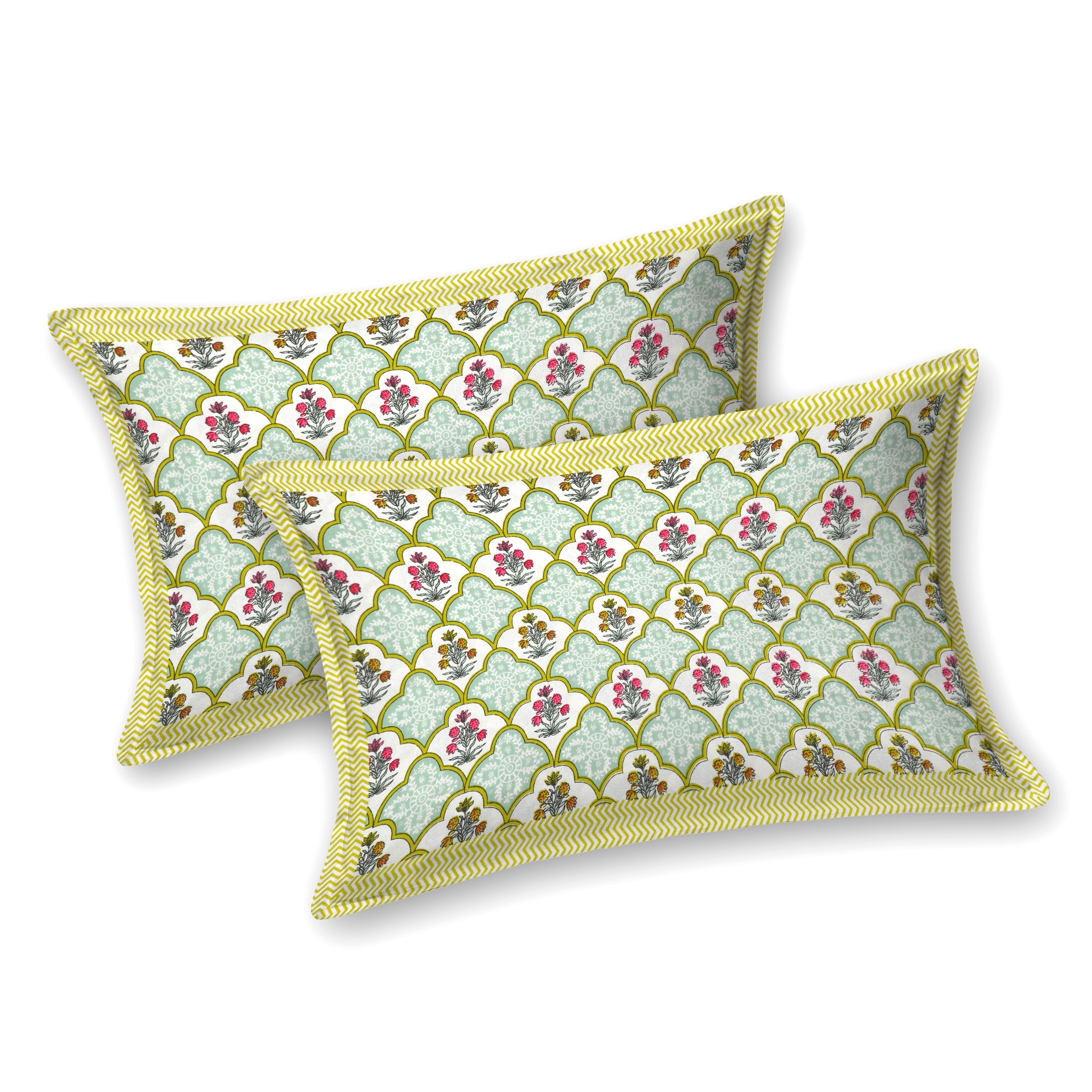 Green Blossom Hand Block Printed Cotton King Bedsheet Set | 90×108 | 240 TC