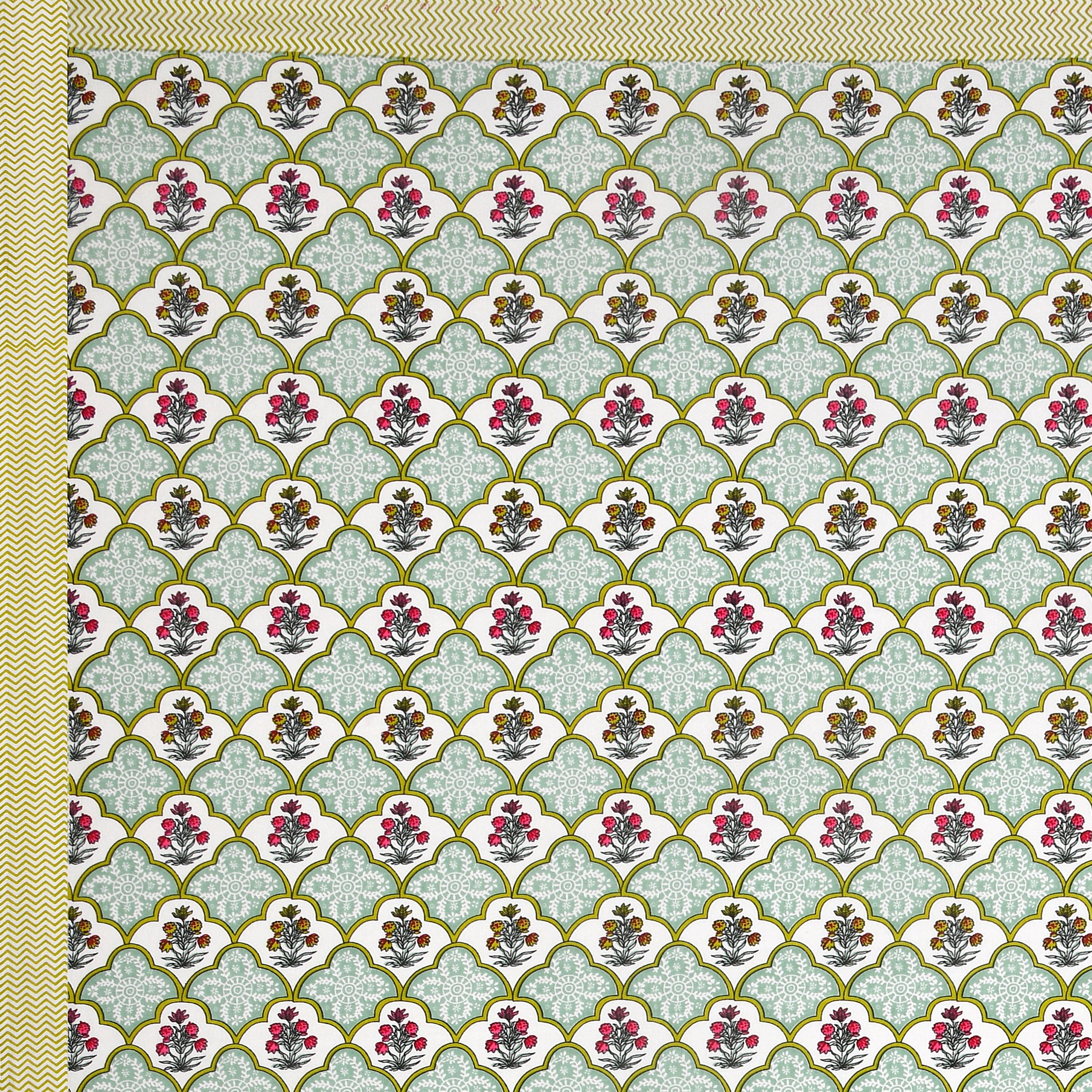 Green Blossom Hand Block Printed Cotton King Bedsheet Set | 90×108 | 240 TC
