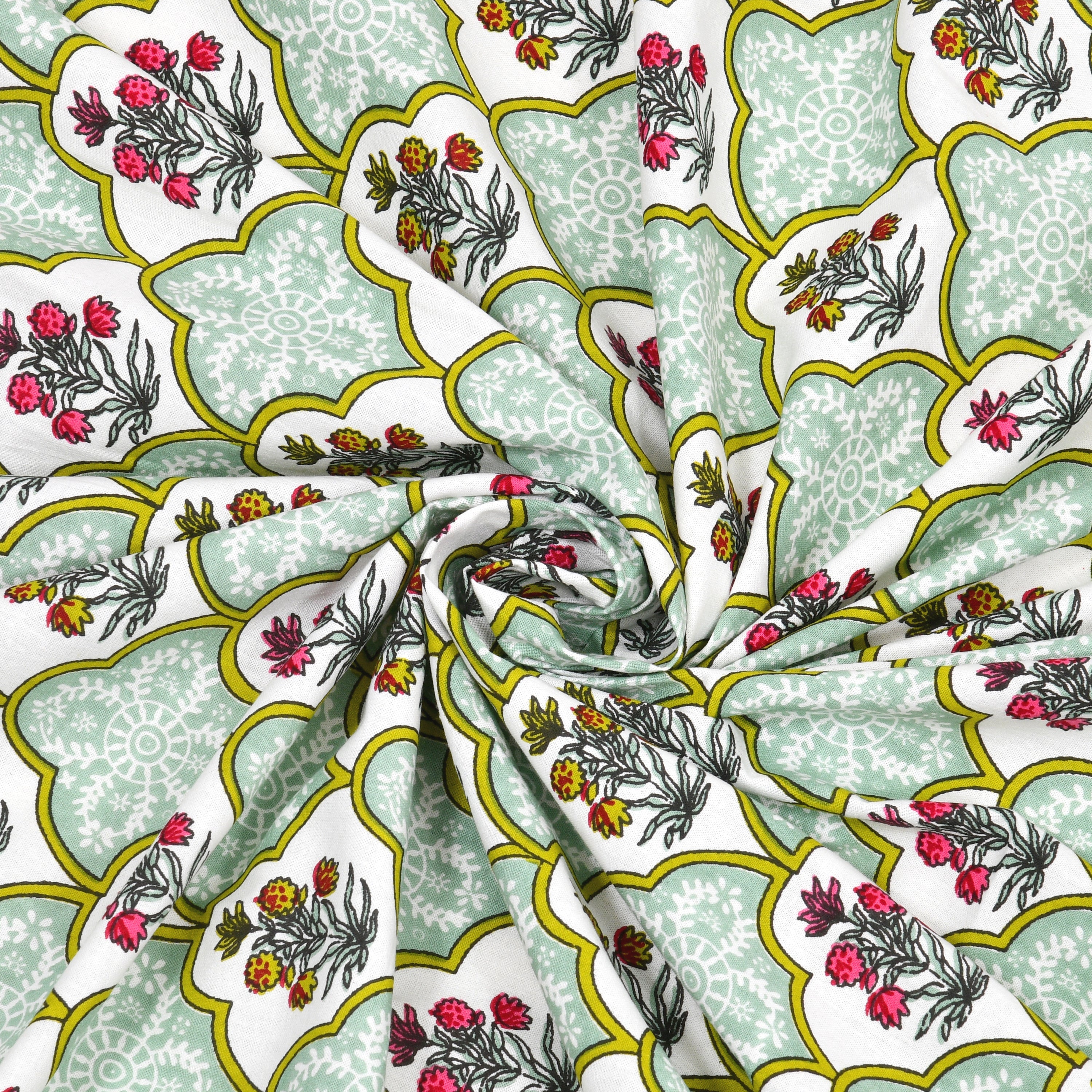 Green Blossom Hand Block Printed Cotton King Bedsheet Set | 90×108 | 240 TC