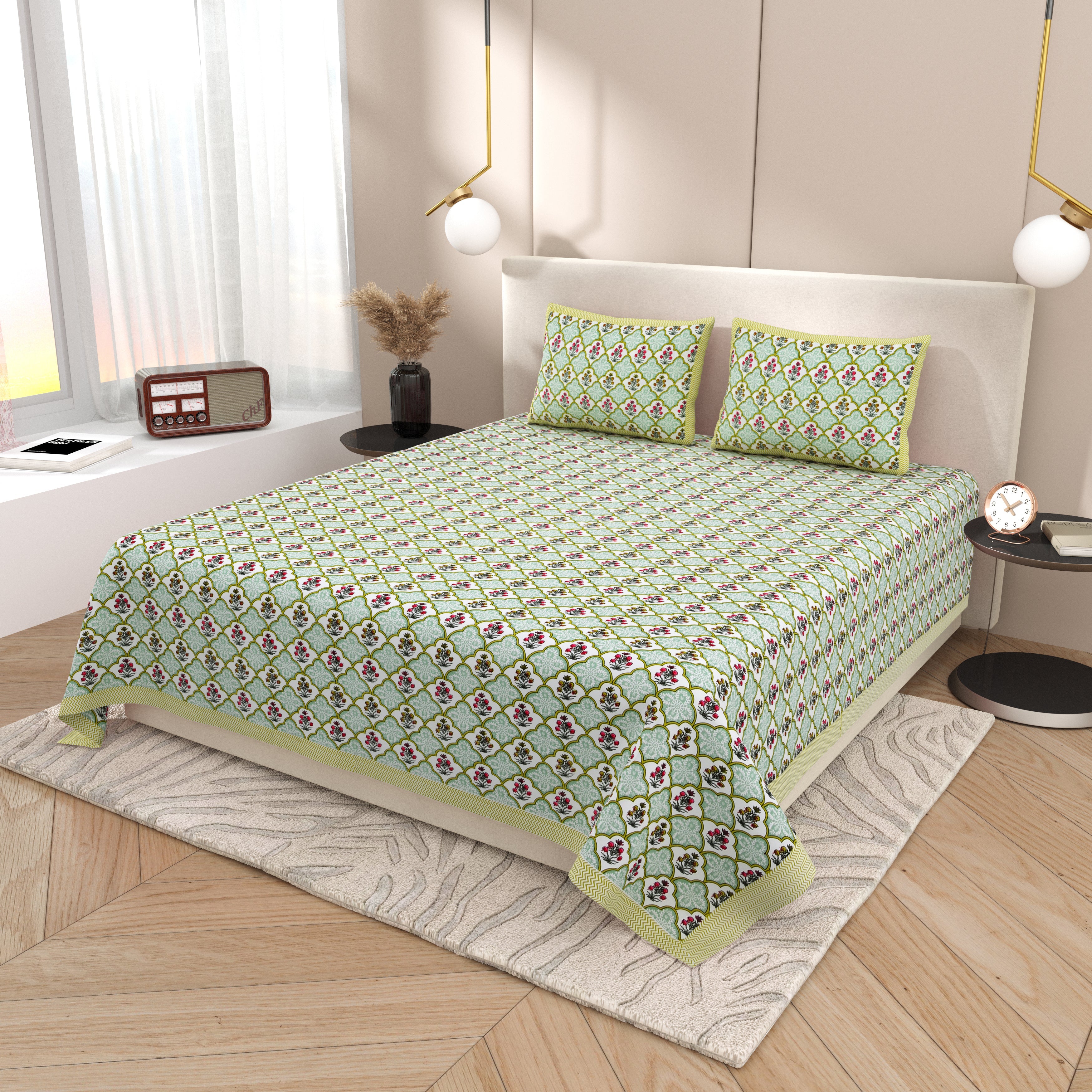 Green Blossom Hand Block Printed Cotton King Bedsheet Set