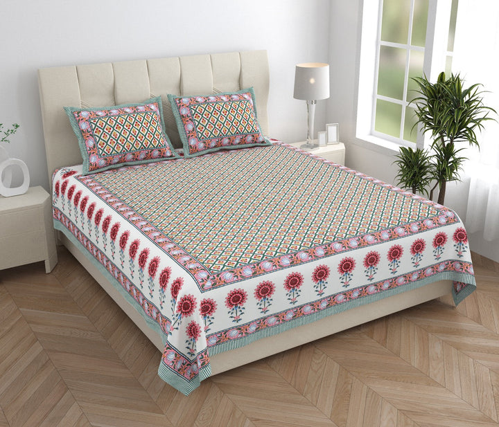 Amber Motif Hand Block Printed Cotton King Bedsheet Set | 90×108 | 240 TC