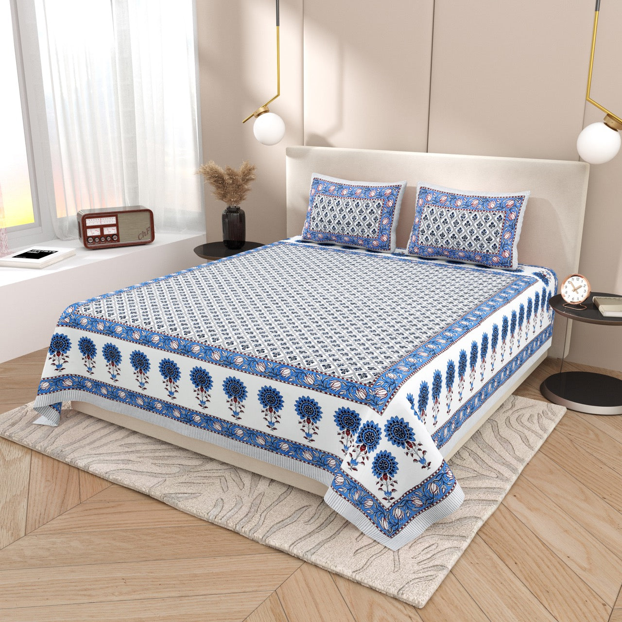 Midnight Motif Hand Block Printed Cotton King Bedsheet Set | 90×108 | 240 TC