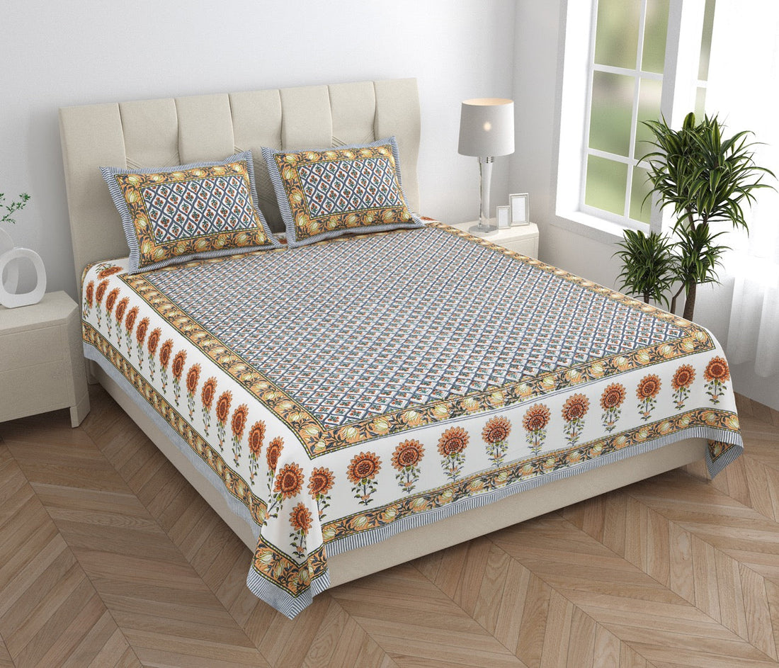 Sunset Motif Hand Block Printed Cotton King Bedsheet Set | 90×108 | 240 TC