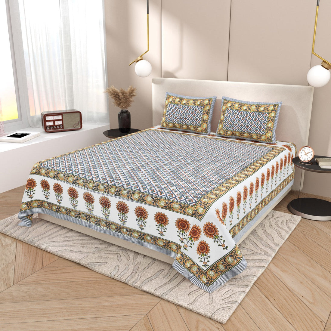Sunset Motif Hand Block Printed Cotton King Bedsheet Set | 90×108 | 240 TC