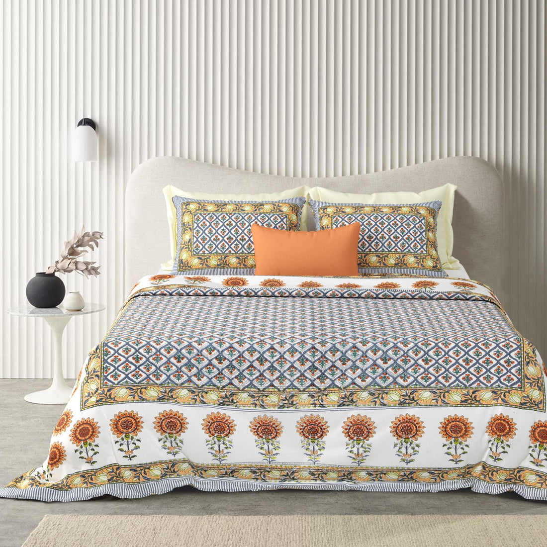 Sunset Motif Hand Block Printed Cotton King Bedsheet Set