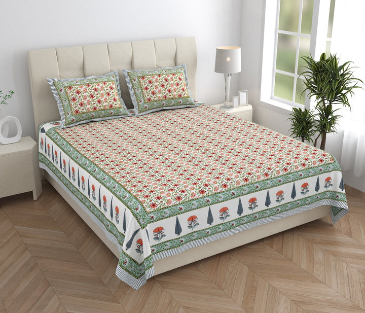 Blush Fern Hand Block Printed Cotton King Bedsheet Set | 90×108 | 240 TC