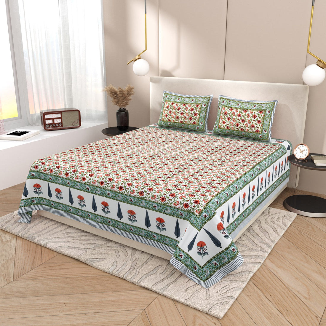 Blush Fern Hand Block Printed Cotton King Bedsheet Set | 90×108 | 240 TC