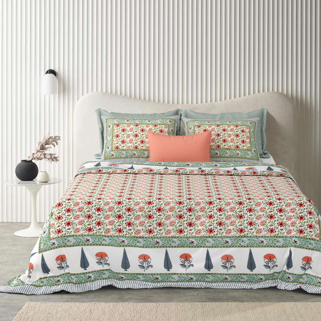 Blush Fern Hand Block Printed Cotton King Bedsheet Set