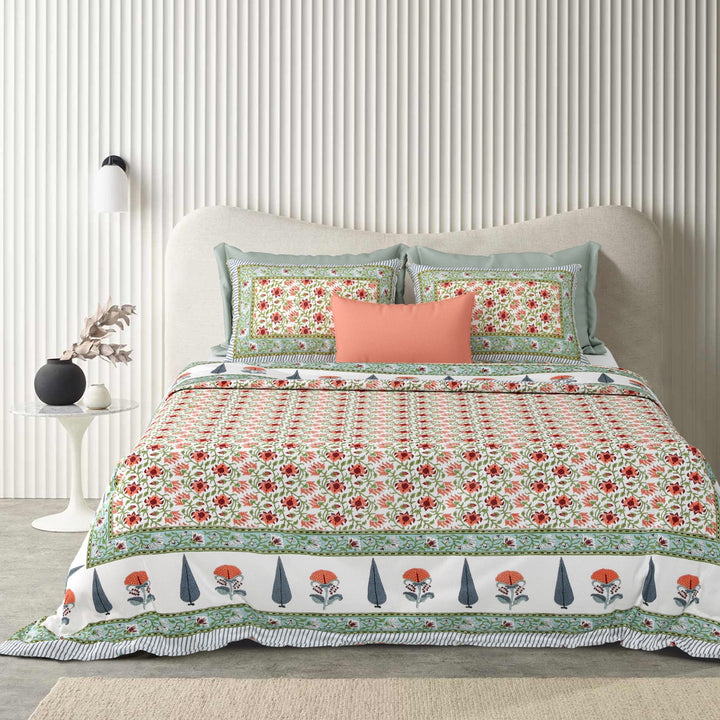 Blush Fern Hand Block Printed Cotton King Bedsheet Set