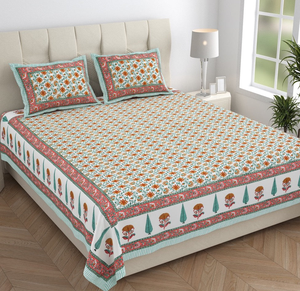 Saffron Fern Hand Block Printed Cotton King Bedsheet Set | 90×108 | 240 TC