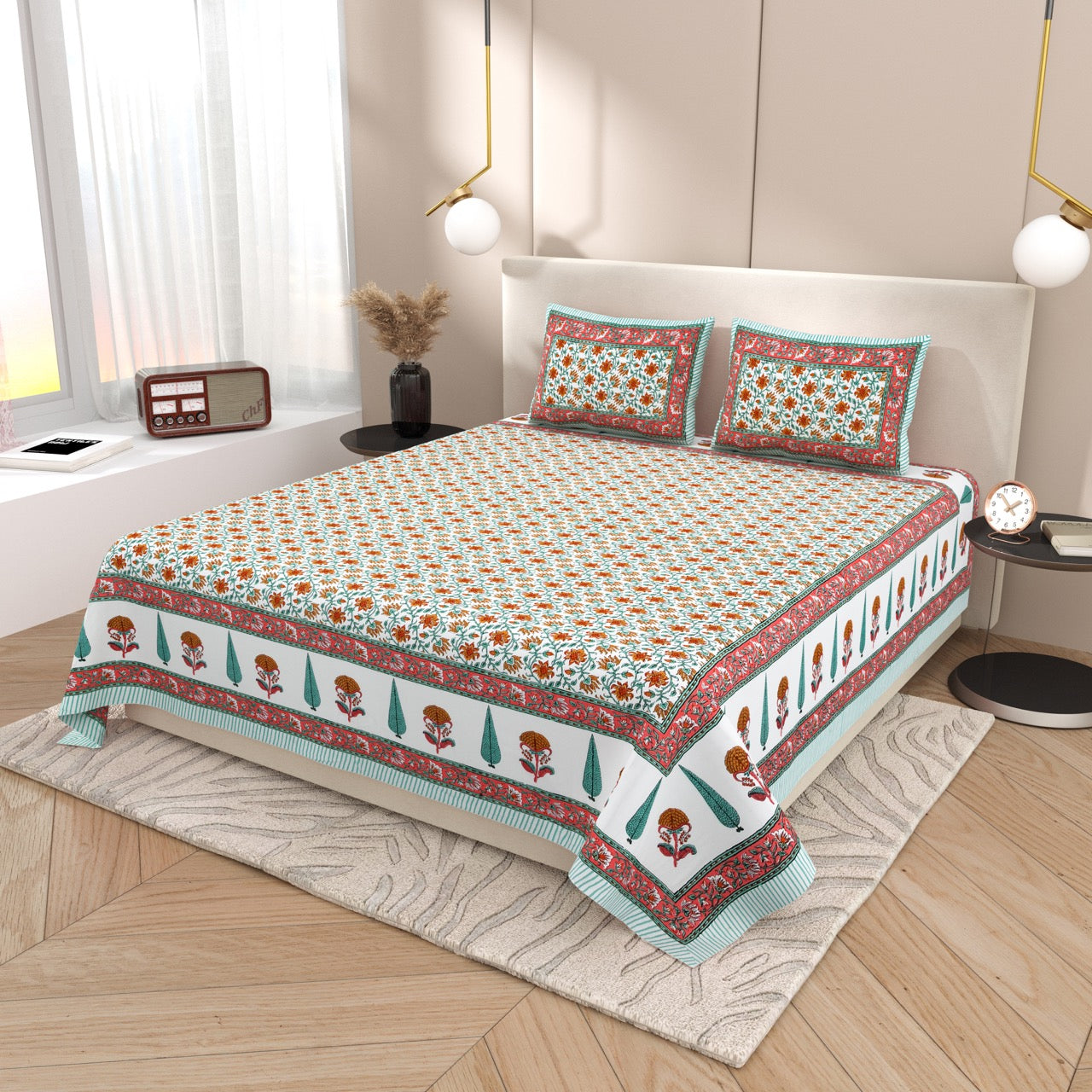 Saffron Fern Hand Block Printed Cotton King Bedsheet Set | 90×108 | 240 TC