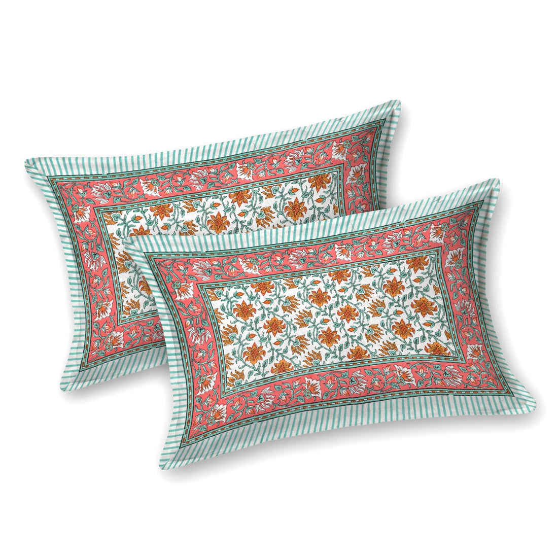Saffron Fern Hand Block Printed Cotton King Bedsheet Set | 90×108 | 240 TC