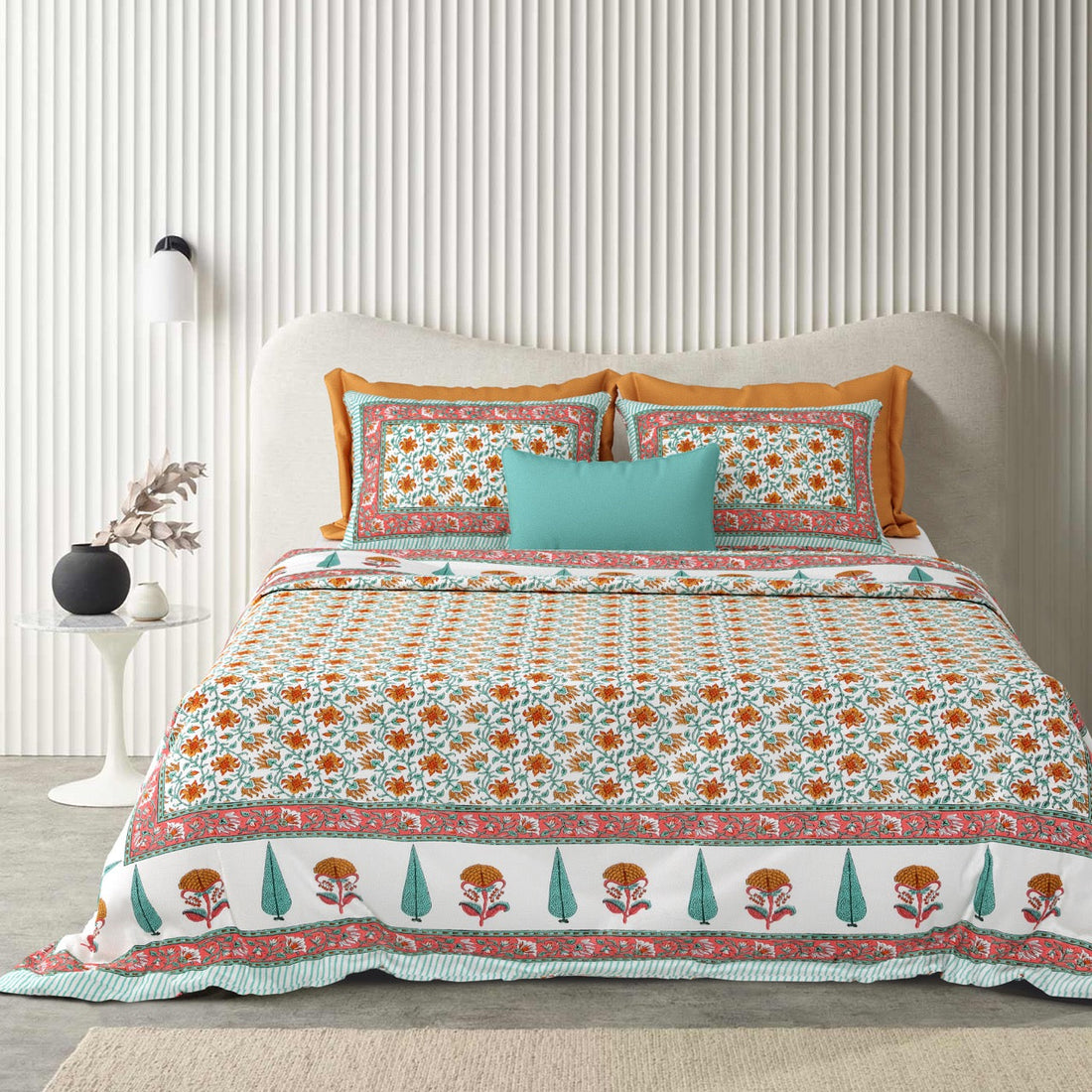 Saffron Fern Hand Block Printed Cotton King Bedsheet Set