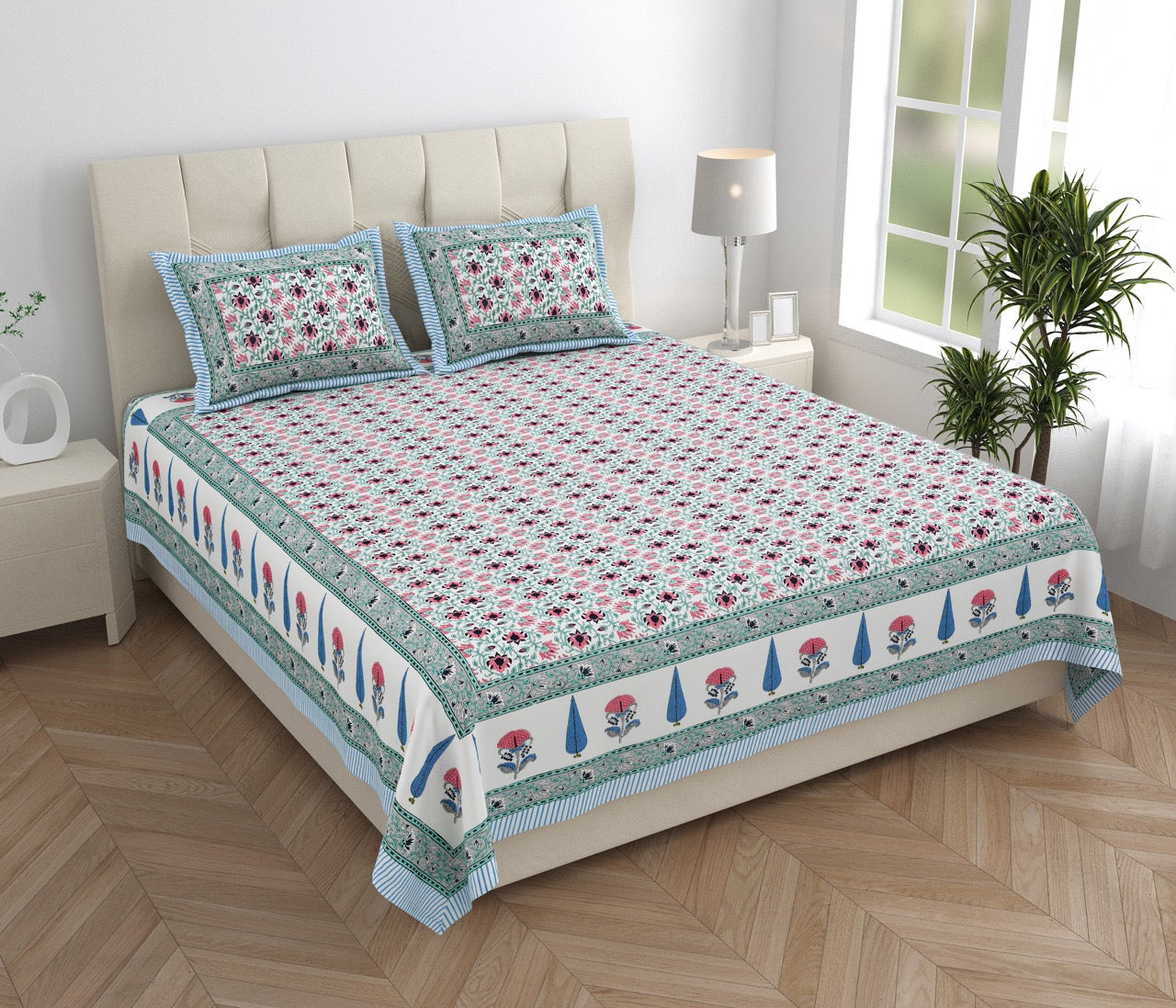 Azure Fern Hand Block Printed Cotton King Bedsheet Set | 90×108 | 240 TC