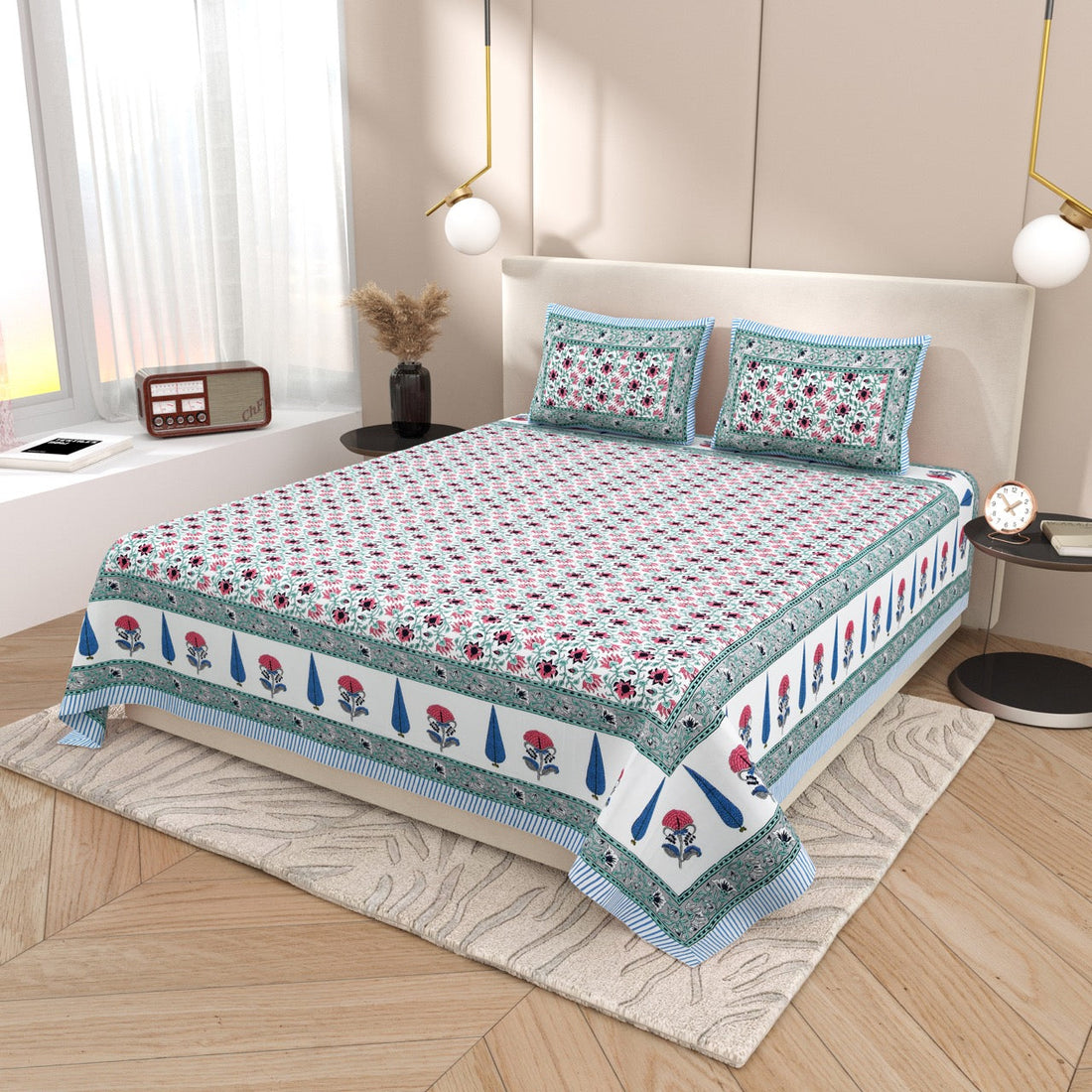 Azure Fern Hand Block Printed Cotton King Bedsheet Set | 90×108 | 240 TC