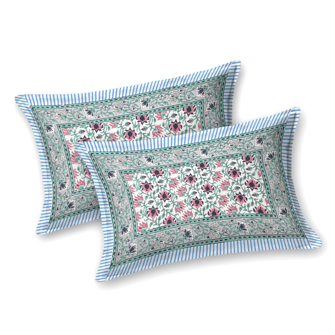 Azure Fern Hand Block Printed Cotton King Bedsheet Set | 90×108 | 240 TC
