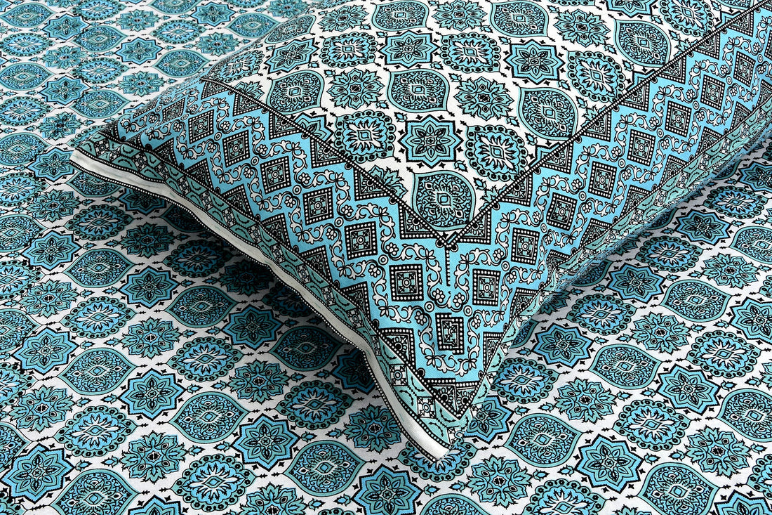 Firozi Chhaon Hand Block Printed Cotton King Bedsheet Set | 90×108 | 240 TC