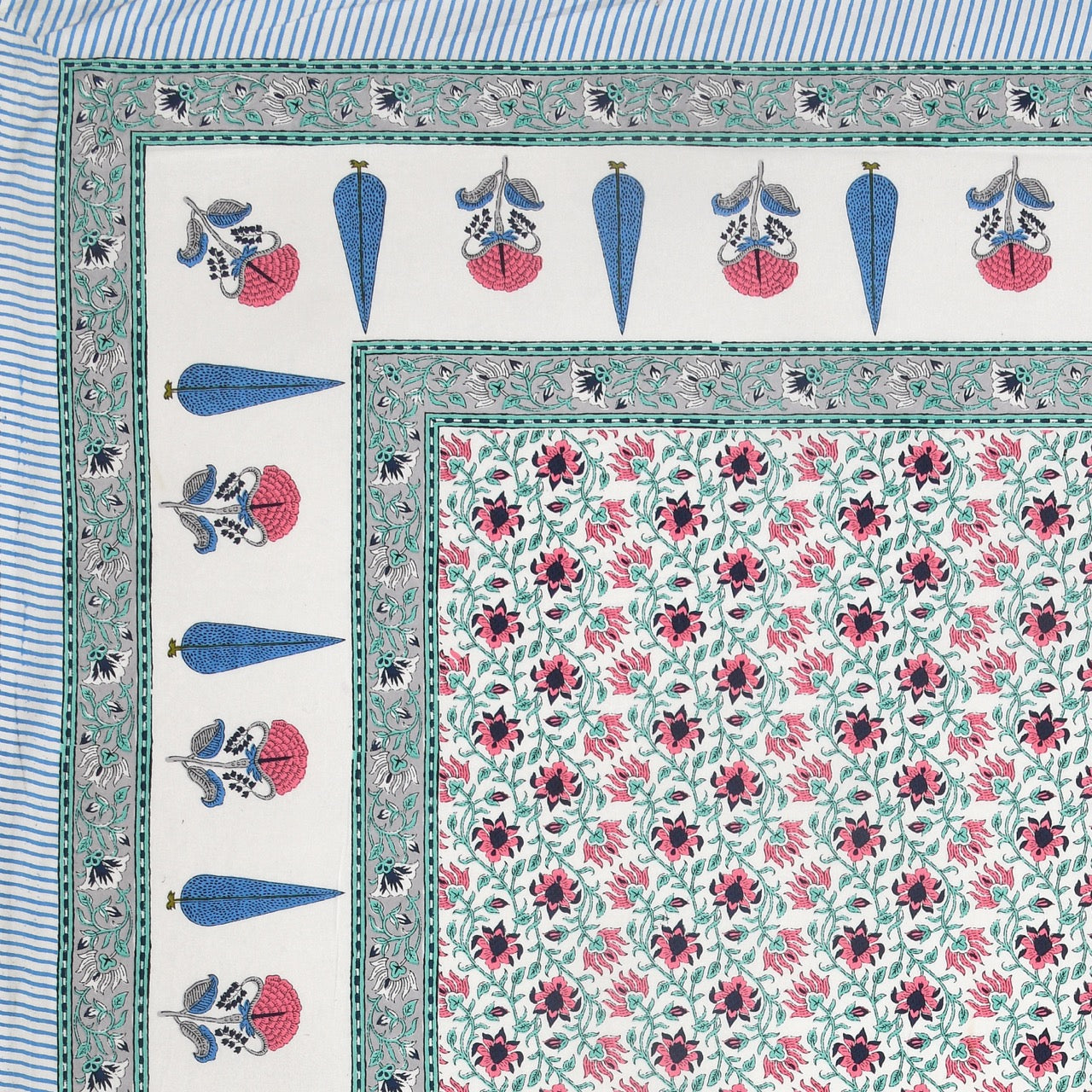 Azure Fern Hand Block Printed Cotton King Bedsheet Set | 90×108 | 240 TC